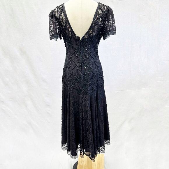 Vintage 80s Black Sequin & Illusion Lace Goth Party Dress Drop Waist size 6 - Picture 3 of 15